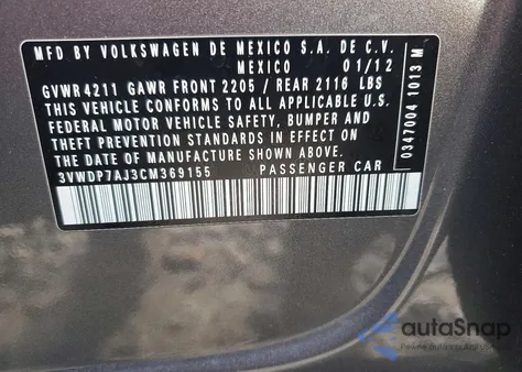 2012 Volkswagen Jetta Se z USA, uszkodzony, nr VIN 3VWDP7AJ3CM369155